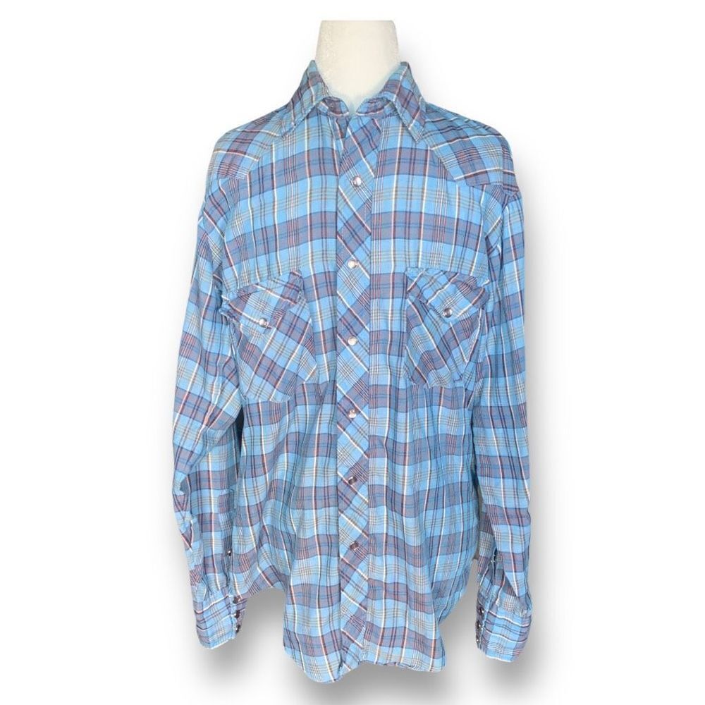 Vintage H Bar C Ranchwear Shirt Permanent Press Long Tail Blue Plaid Pearl Snap
